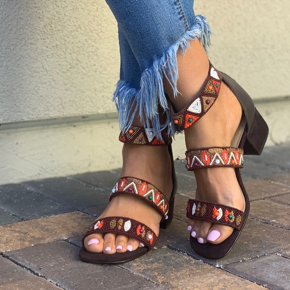 Hand Beaded Multicolor Boho Block Heel Sandal - Picture 2 of 7